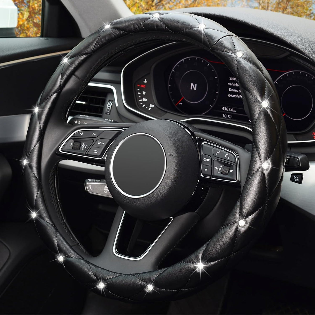 KAFEEK Diamond Leather Steering Wheel Cover, 15 Inch, Black