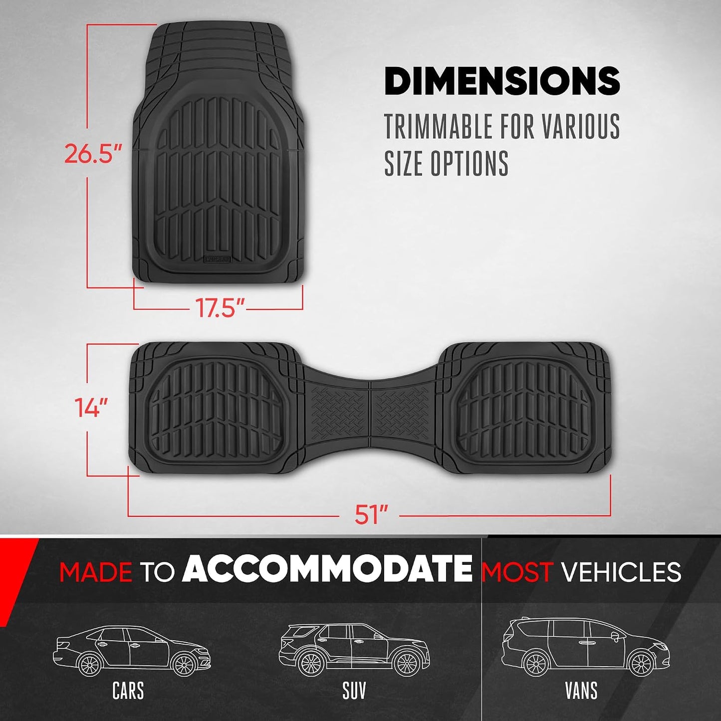 Motor Trend FlexTough LITE Rubber Car Mats Full Set - All Weather Floor Mats for Cars & SUVs - Automotive Waterproof Black Car Floor Mats for Cars Interior Accessories Universal Trim-to-Fit
