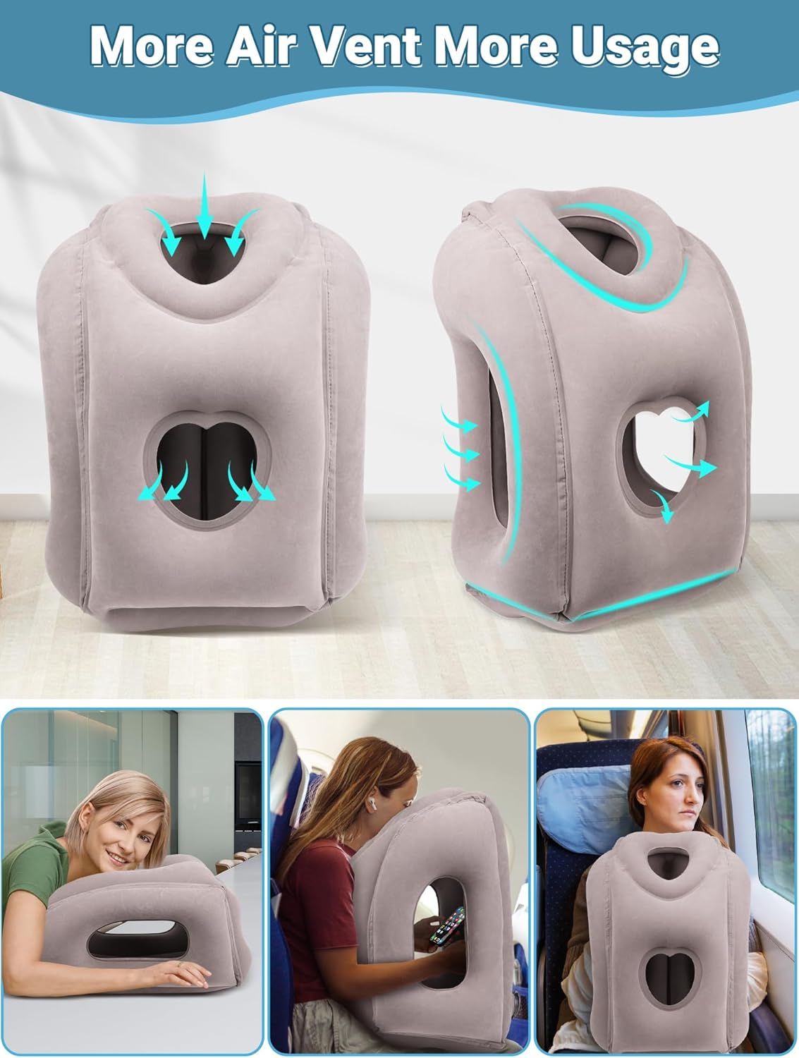 Maliton Inflatable Travel Pillow for Airplane Comfortable Sleeping to Relieve Neck and Shoulder Pain, Support Head Inflatable Pillow for Long Flights, Used for Airplanes, Cars, Trains, Office (Grey)