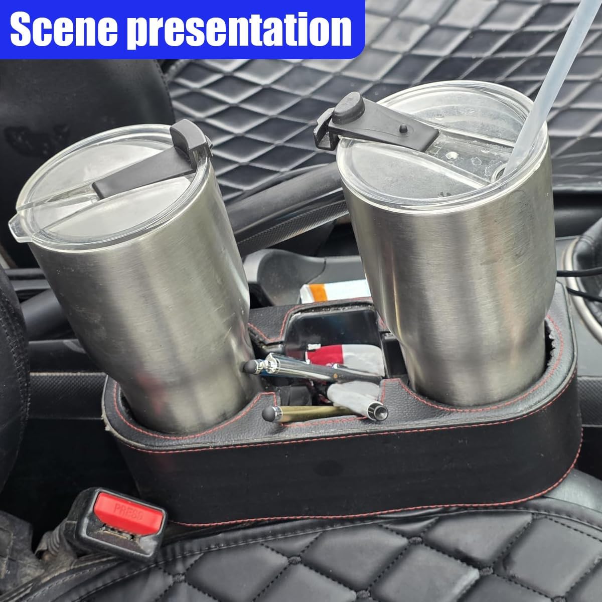 YoRise Car Cup Holder, PU Leather Automotive Cup Drink Holder, Car Seat Gap Filler Storage Box, Multifunctional Front Seat Organizer, Cell Mobile Phone Holder, Coin Bucket (Black)