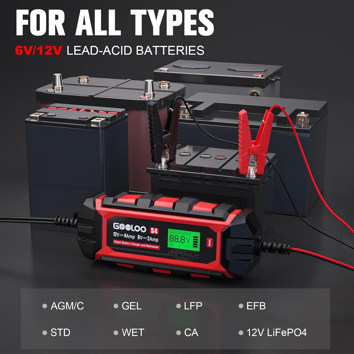 GOOLOO S4 4A Car Battery Charger, 6V/12V Smart Trickle Charger Maintainer