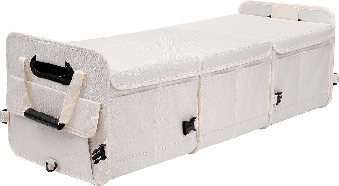 AOKJOY Car Trunk Organizer with Lid Storage Collapsible Multi Compartment Adjustable Straps for SUV, Truck, Sedan(Beige) XL