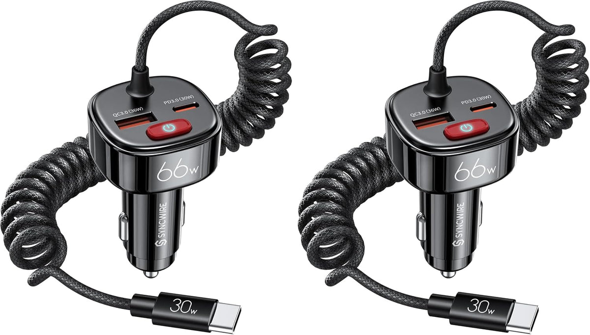 Syncwire USB C Car Charger 66W Super Fast Car Adapter with 6FT Coiled Cable