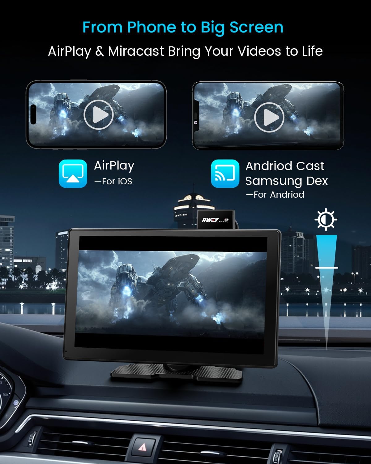 IK9 9" Wireless CarPlay & Android Auto Screen, Portable Car Stereo with 4K Dash Cam & 1080p Rear Camera, CarPlay with Backup Camera, Touch Screen GPS Display, Mirror Link, Apple Car Play Screen