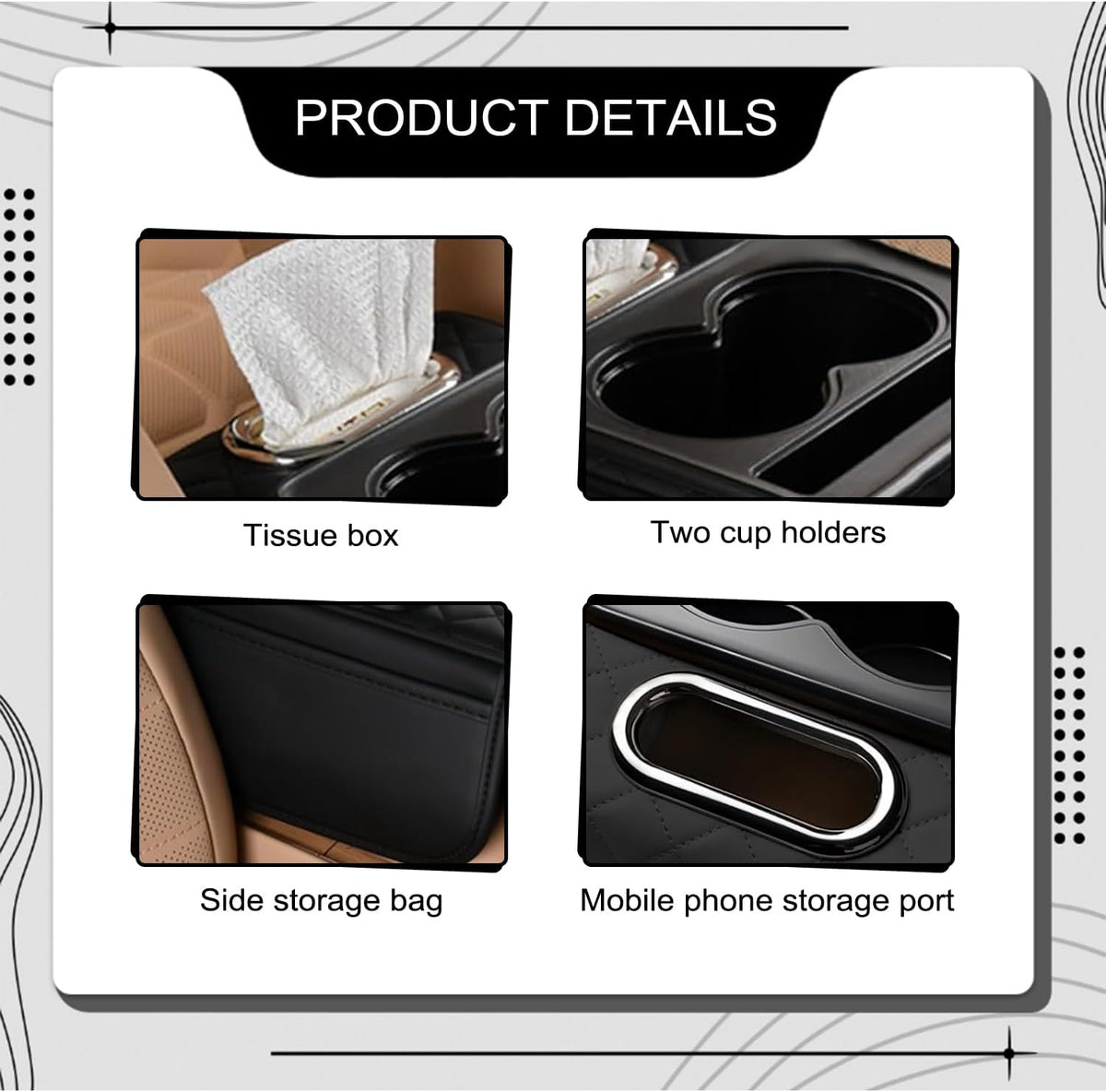 Car Center Console Organizer Armrest Storage Box with 2 Cup Holders-Universal 5-in-1 Leather Cushion Cover,Phone Slot & Tissue Holder for SUV/Sedan(Black)
