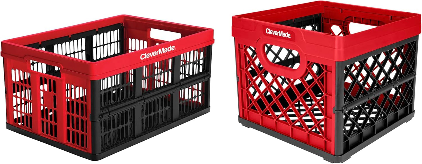 CleverMade Collapsible Milk Crate and Storage Bin - 25L Plastic Stackable Storage Bin with 45L Plastic Stackable Grated Wall Utility Container, 1 of Each – Red