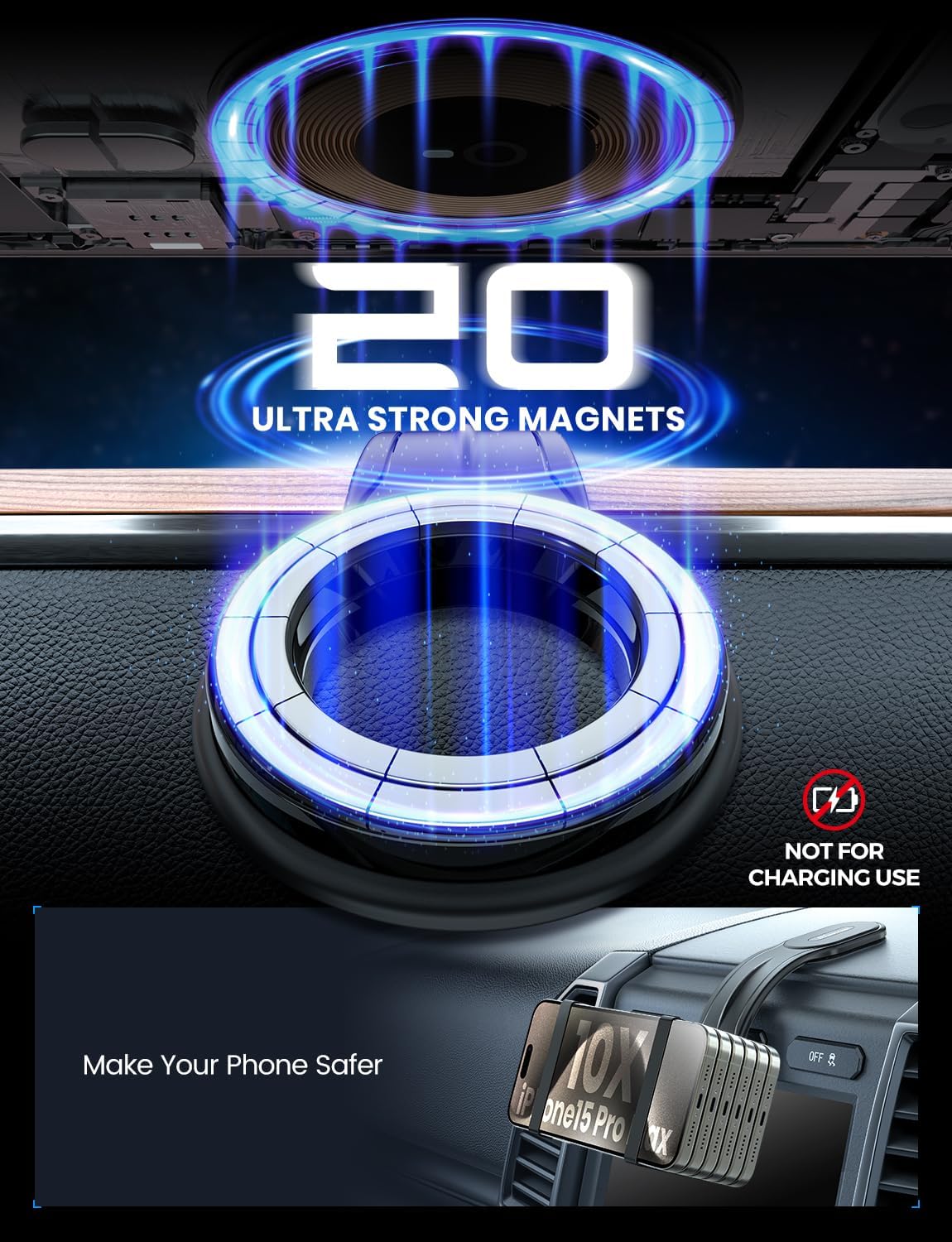 MagSafe Car Mount Detachable, Bendable Magnetic Phone Holder for Car