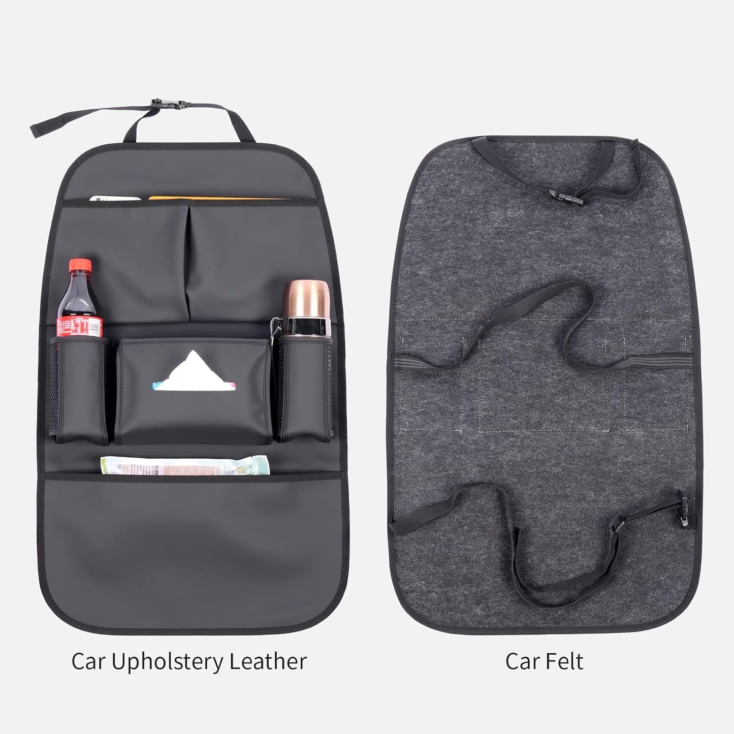 Car Backseat Organizer for Kids, Car Back Seat Storage Bag With 3 Pockets, 2 Drinks Holders, Water Resistant, Kids Toy Storage Kick Mat Back Seat Protector for Toddlers (Black 1-Pack)