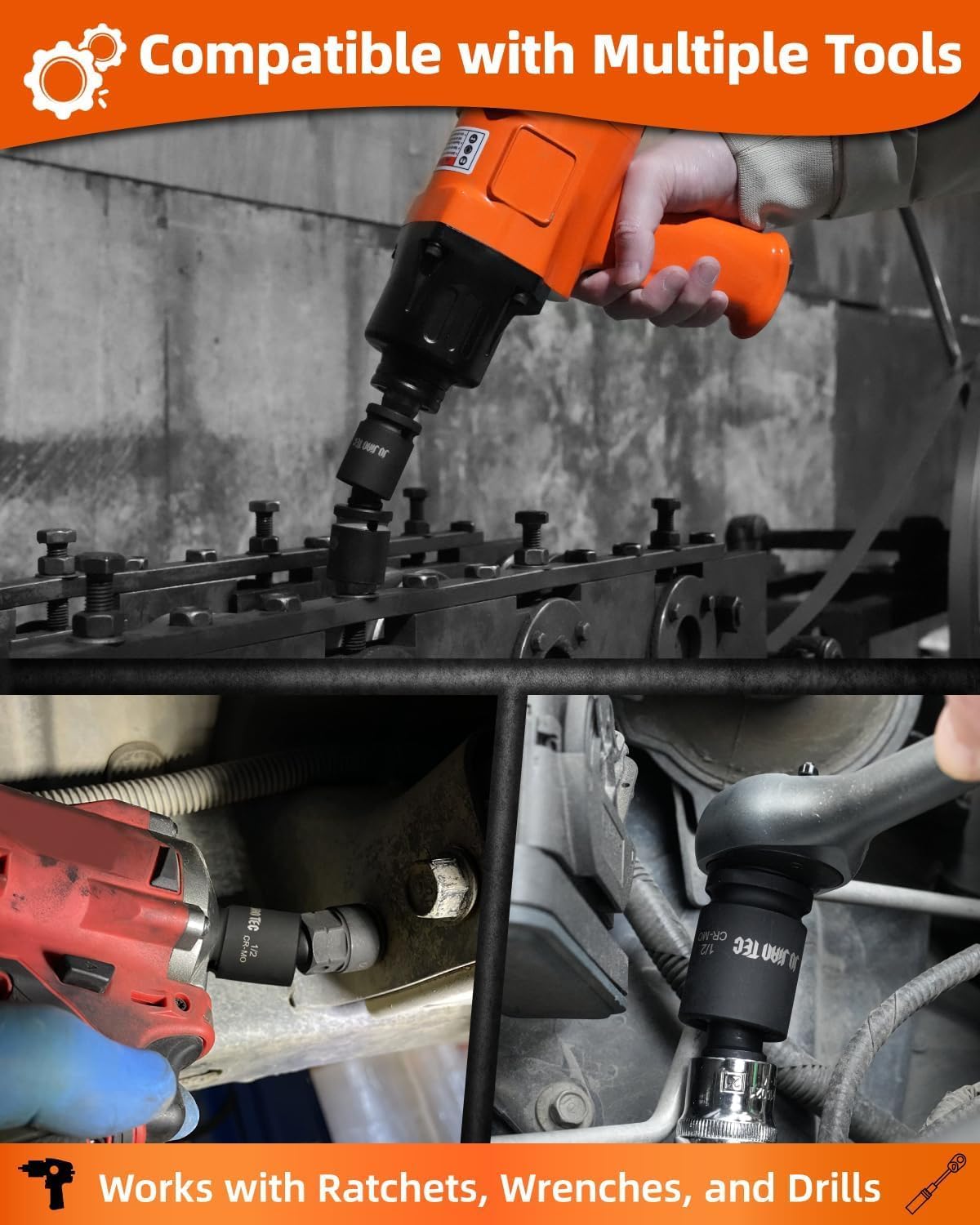 Impact Universal Joint-Socket Swivel Set, 3 piece, 1/2", 3/8", 1/4"Inch Drive Swivel Socket Extension Set, 360 Degree Rotation, Cr-Mo steel