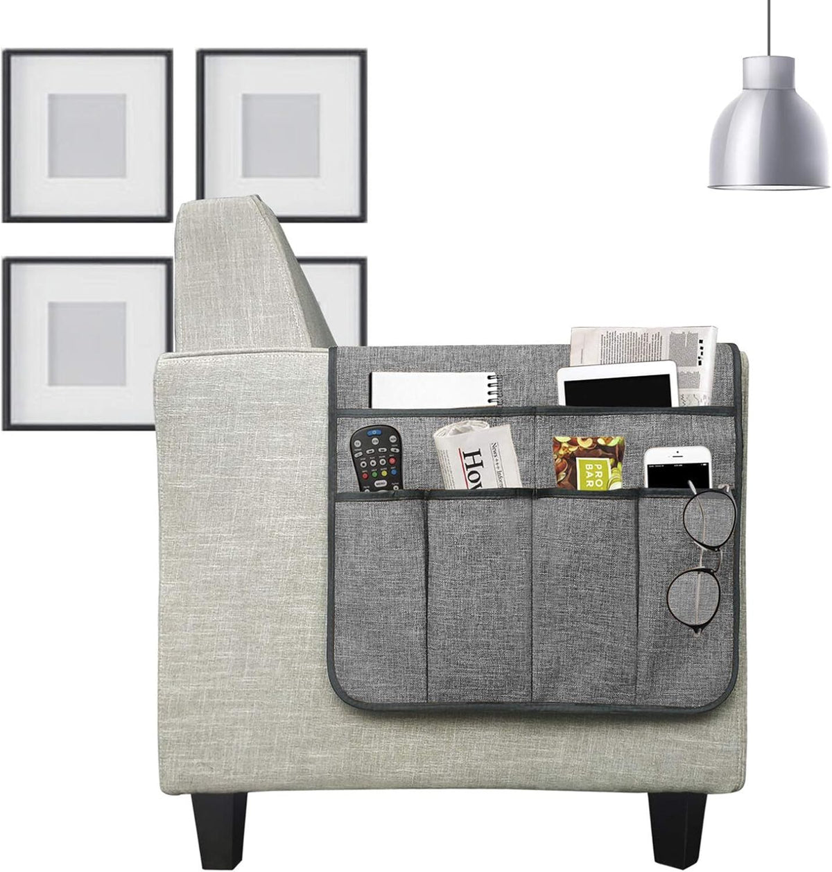 IPENNY Cotton Linen Sofa Couch Remote Control Holder Chair Armrest Caddy Pocket Organizer Storage Bag for Cellphone Tablet Notepad Book Magazines DVD Eyewears Drinker Snacks Holder Pouch