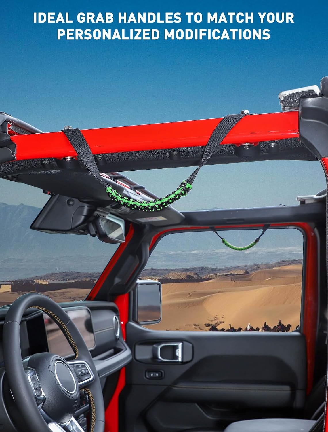 Savadicar 2 Pack Roll Bar Grab Handles for 2018-2024 Jeep Wrangler JL JLU 4XE & Gladiator JT, Roof Top Paracord Handle for Secure Grip, Essential Interior Accessories, Green