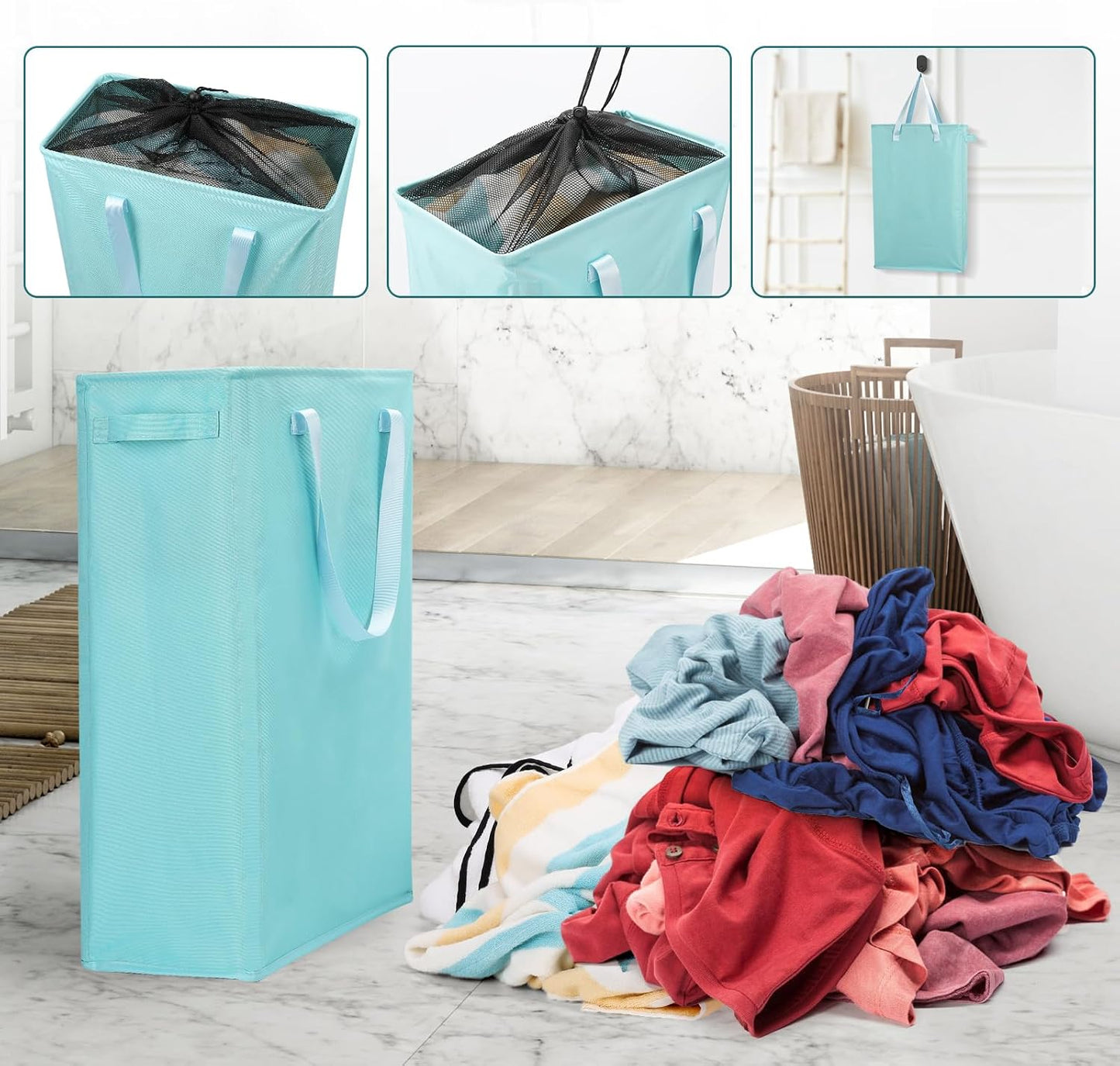 Odonata Slim Laundry Hamper Handles Collapsible Laundry Basket Thin Dirty Clothes Basket Narrow Laundry Bag Foldable Dirty Hamper 45L (Baby Blue)