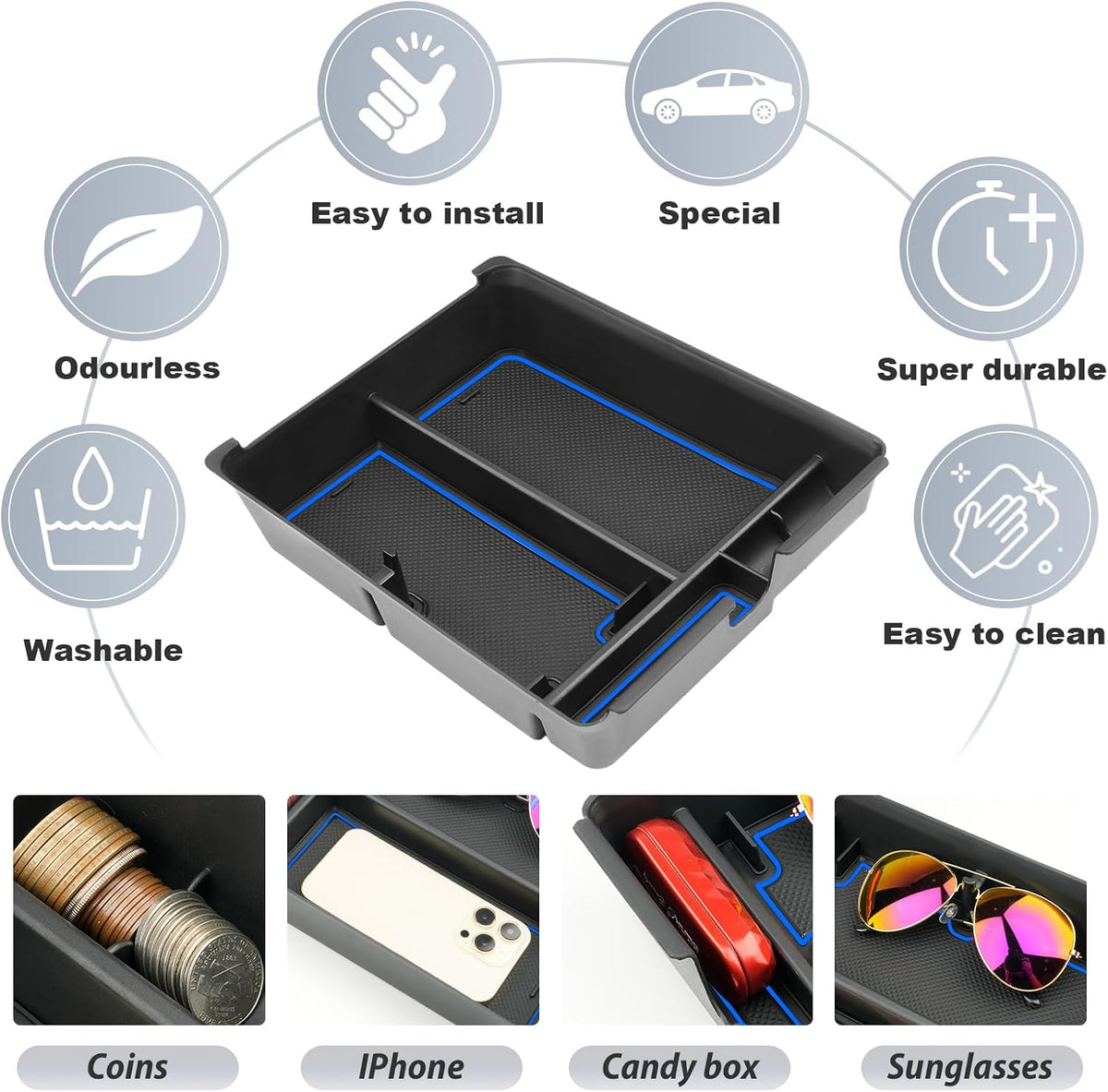 SKTU for 2024 2025 2026 2027 Honda Pilot Center Console Organizer 2023-2027 Pilot/ 2024-2027 Passport Console Tray 2025 2026 2027 Pilot Accessories with Coin & Sunglasses Holder (Blue)