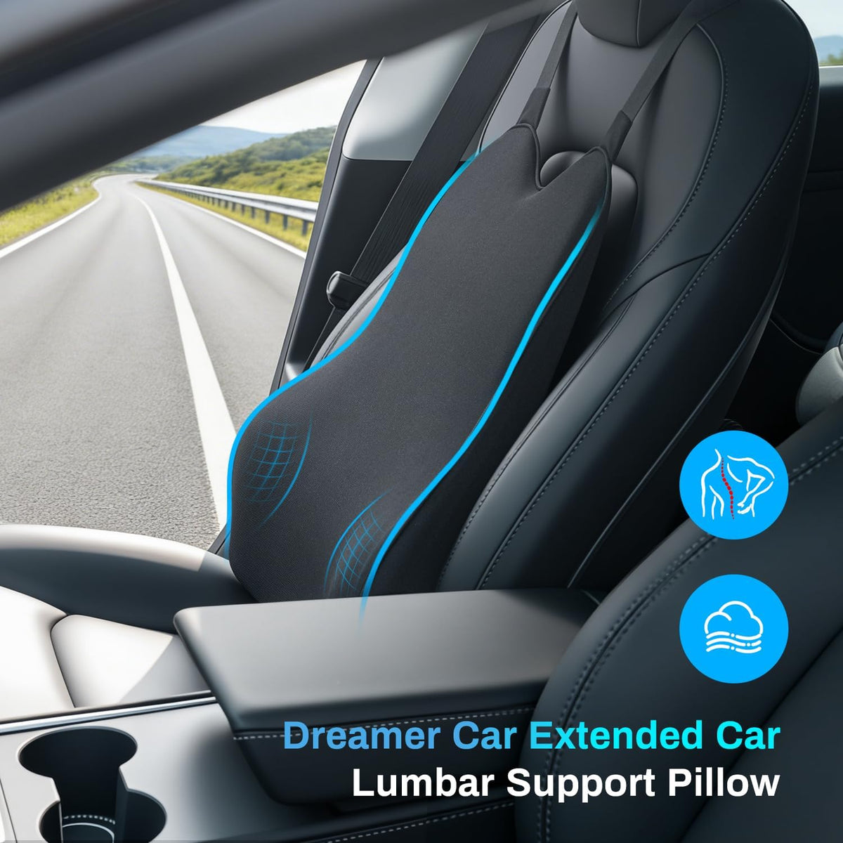 Lumbar Support Pillow for Car - 20.9 Inch Extended Car Back Support Relieves Full Back Discomfort on Long Rides, Rebuilds Support for Older Vehicles, Fits Mid-to-Large Sedans, SUVs &amp; Trucks