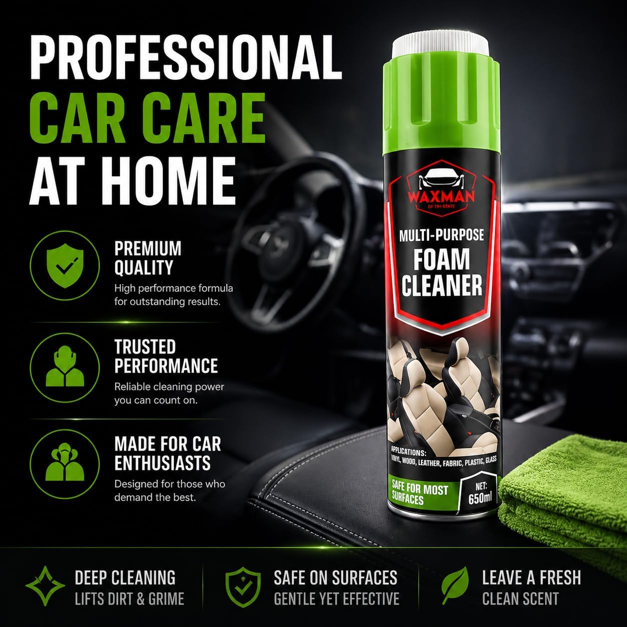 Car Interior Foam Cleaner with Soft Brush Cap – Multi-Purpose Deep Cleaning Foam Spray for Leather, Vinyl, Fabric, Plastic – Safe Non-Drip Formula, Fresh Scent, 22 oz