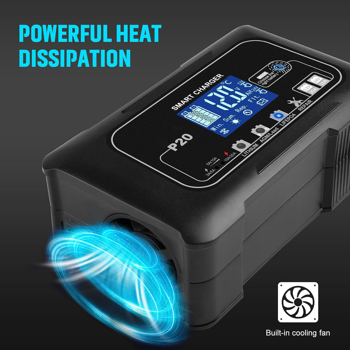 Car Battery Charger 0-20A, 12V/24V Battery Maintainer Trickle Charger