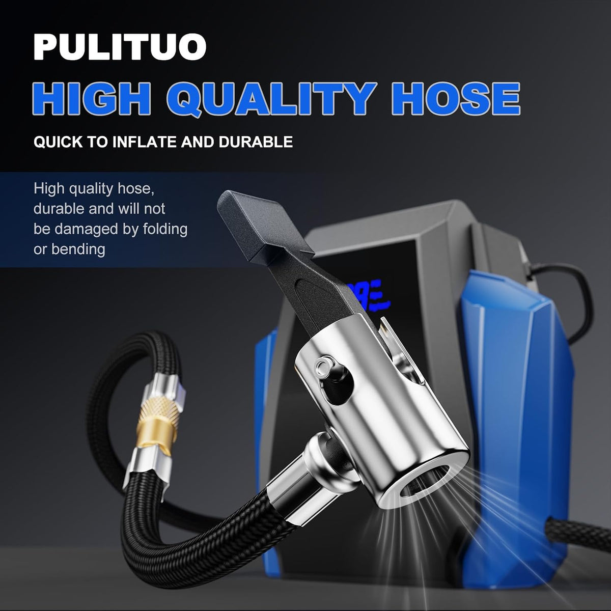 PULITUO 12V DC Tire Inflator - Portable Air Compressor 35L/min, 150 PSI Car Tire Pump with Auto Shut Off, Digital Pressure Gauge and LED Light, Blue