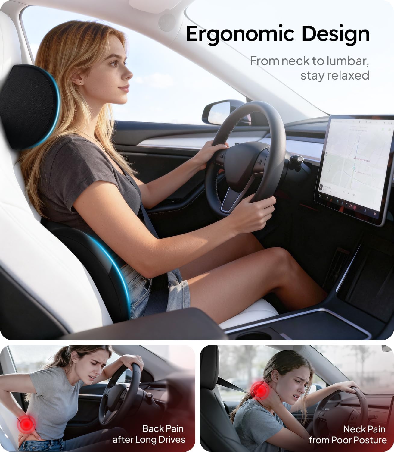 Wigoo 2026 Car Neck Pillow and Lumbar Support Pillow for Car Set [Ergonomic Design, Pressure Relief] Soft Car Headrest Pillow Back Cushion with Adjustable Strap, Fits All Vehicles (Black)