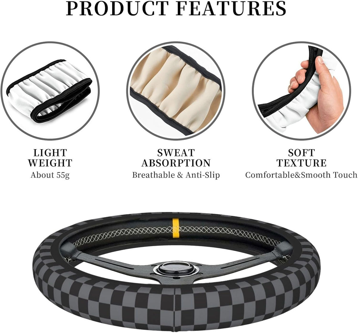 Black and Gray Checkered Steering Wheel Cover for Women, Steering Wheel Covers with Anti-Slip Lining, Universal 14.5-15 inchs Car Interior Accessories with 2PCS Car Coasters Suitable for Men and Women