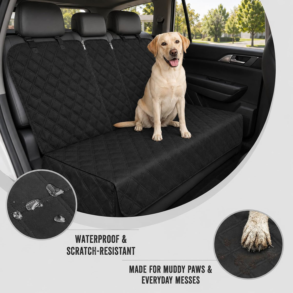 Back Seat Cover for Dogs, 600D Waterproof Split Bench Car Seat Protector