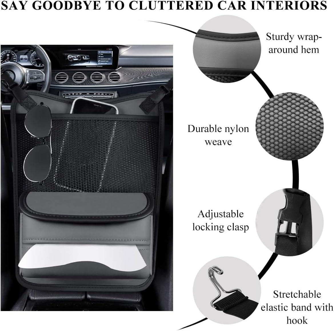 DXNQ Car Organizer Storage Between Seats, Leather Large Capacity Automobile Handbag Hanging Store Content Bag, Auto Console Organizer Holder for Snack Phone Document Storages, Car Accessories (Gray)