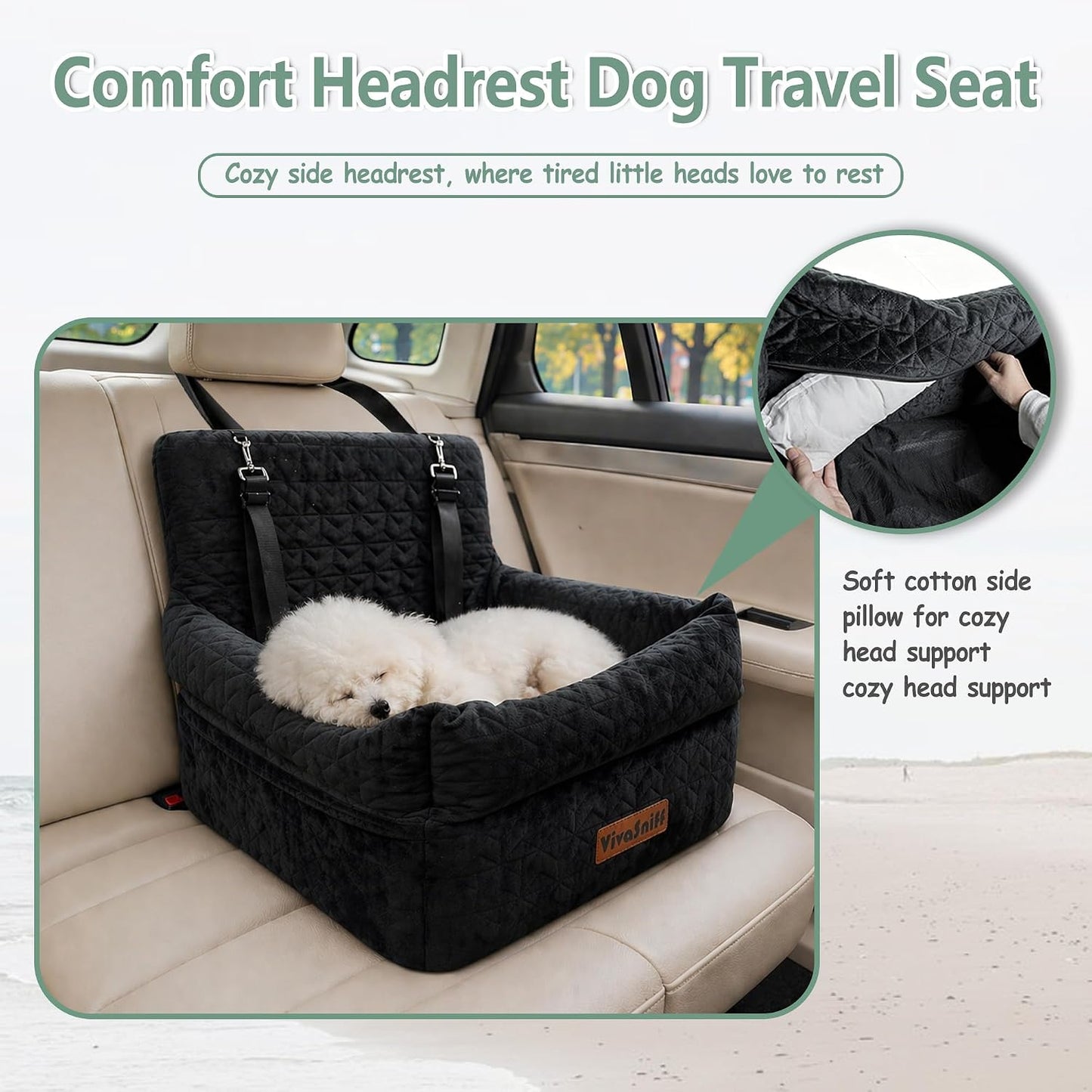 Dog Booster Car Seat for Small/Medium Dogs up to 100 lbs, 6" High Density Memory Foam Elevated Pet Car Bed Detachable and Washable with 2 Storage Pockets &amp; 2 Safety Belts (Black)
