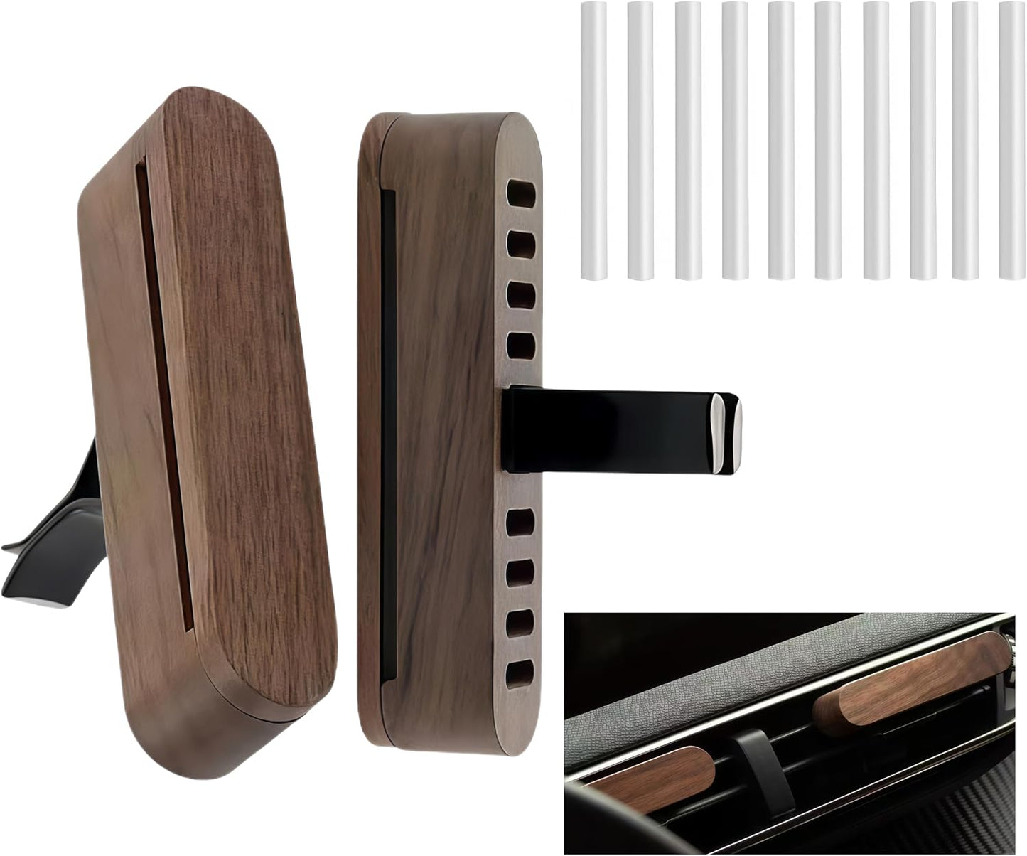 2 PCS Car Essential Oil Diffuser Vent Clip, Wooden Aromatherapy Diffuser with 10 Unscented Refill Fiber Sticks, Reusable Custom Scent Car Air Freshener, Premium Car Interior Accessories