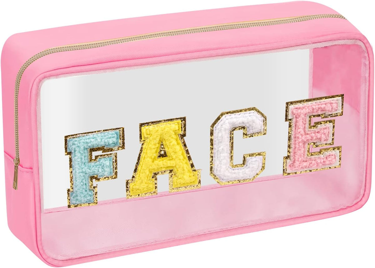 Iqimott Clear Patch Makeup Bag Face Pouch, Preppy Personalized Chenille Letter Cosmetic Pouch for Travel, Nylon Waterproof Organizer Travel Essentials Zipper Toiletry Bags for Women Girls(Pink)