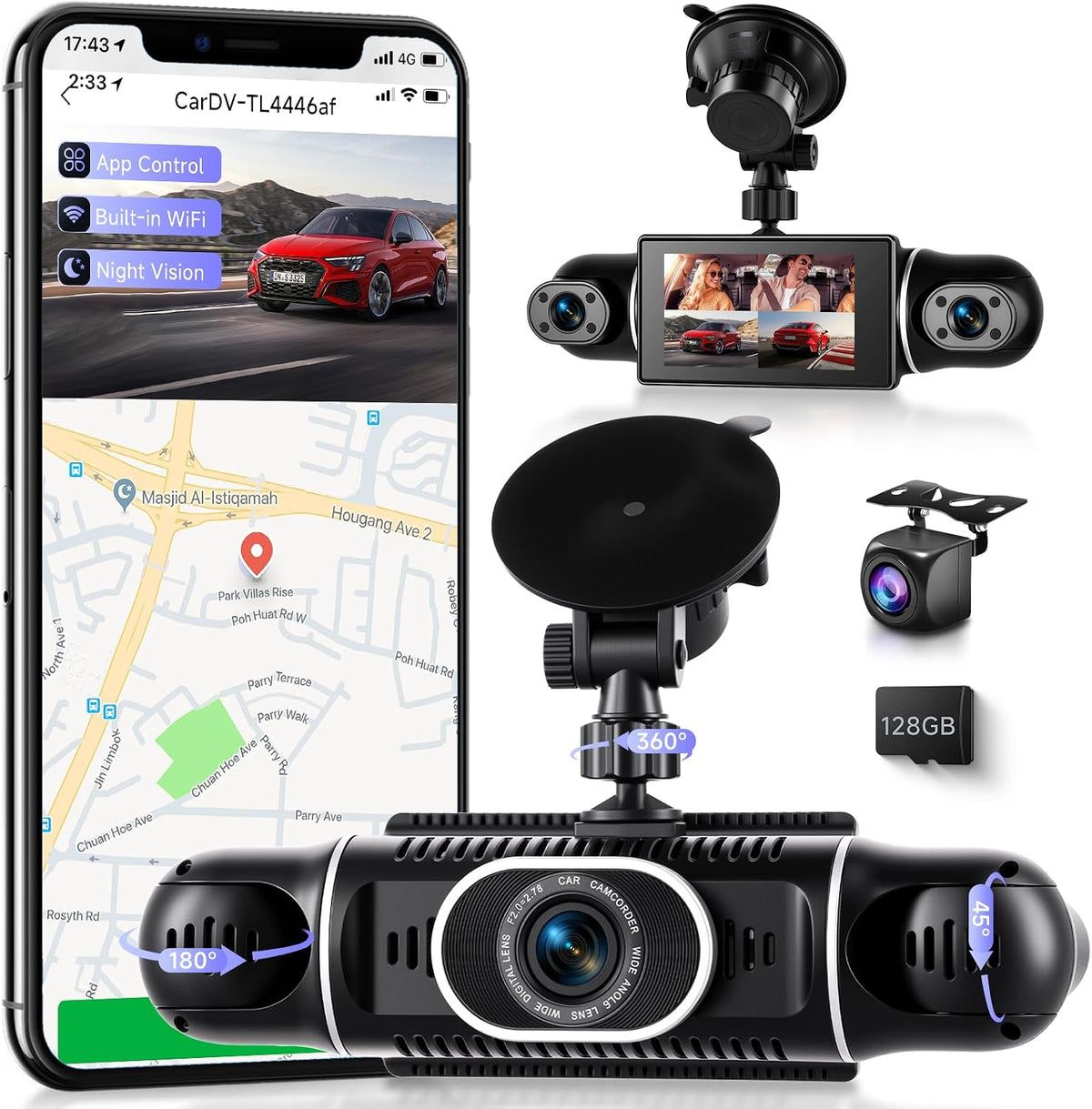 360° Dash Cam Front/Rear/Inside/Side 4-Channel Dash Camera FHD 2K+1080P×3 Car Dash Cam with WiFi, APP Control, 64GB SD Card Included, 8 IR Night Vision, G-Sensor, 24/7 Parking Mode