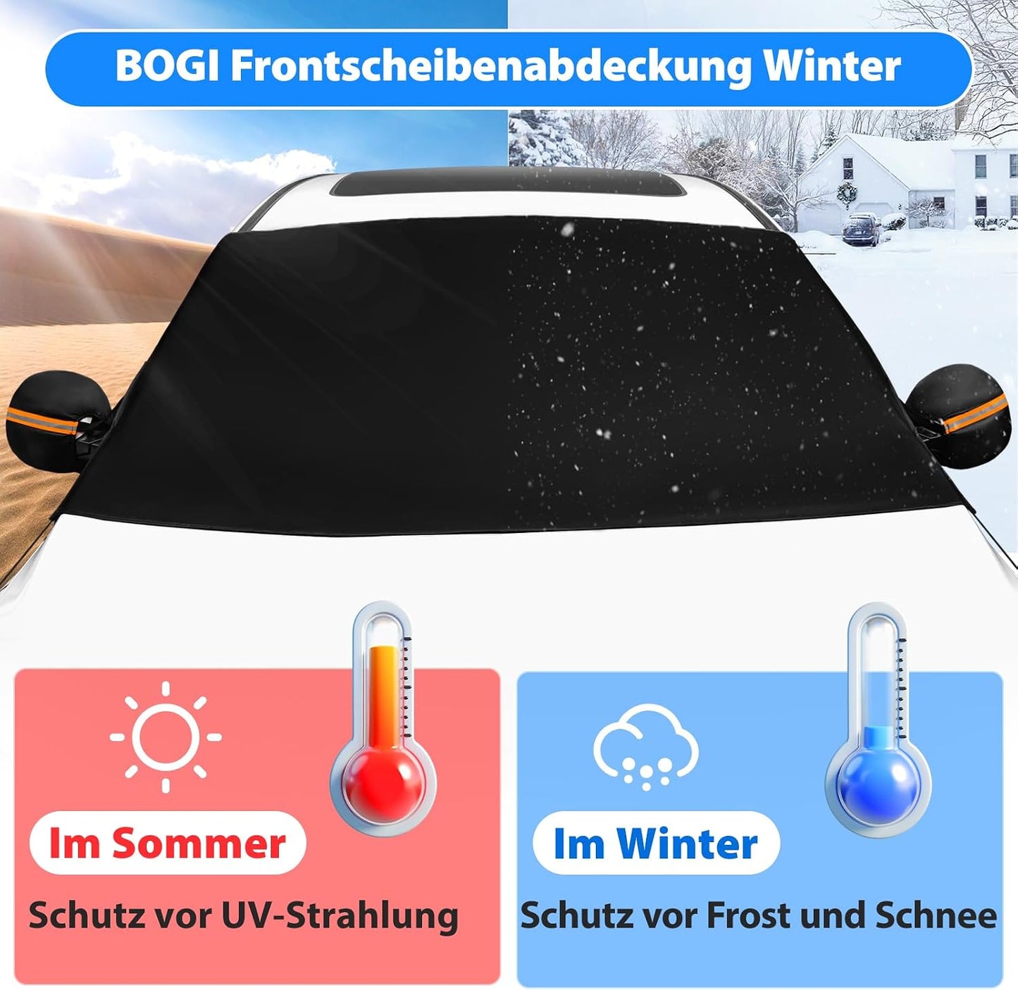 BOGI Windshield Cover for Ice and Snow, Heavy Duty 600D Windshield Snow Cover with 2 Mirror Covers Waterproof Car Cover for Snow Windshield Protector for Cars, SUVs, Trucks (77"x47")