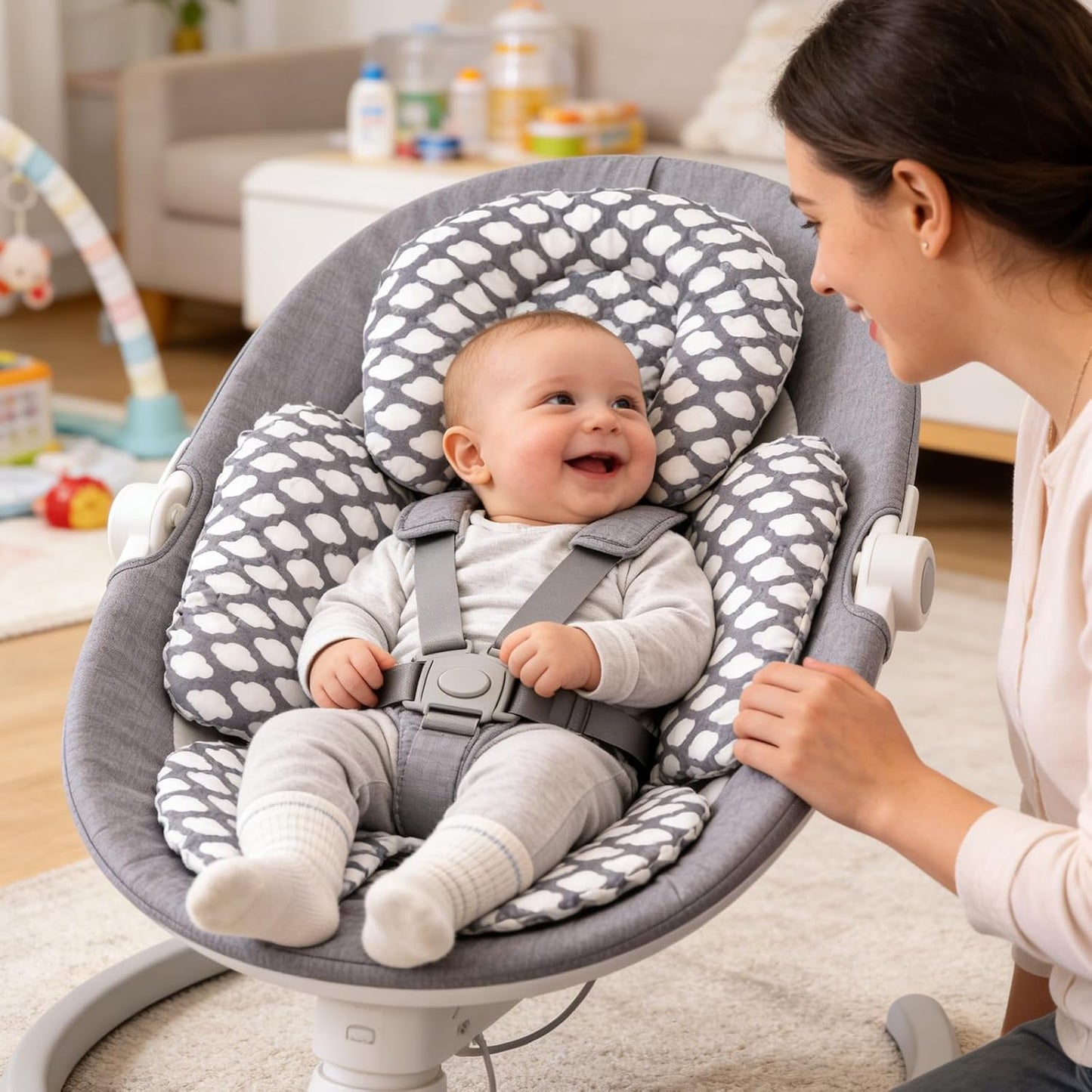 KAKIBLIN Infant Car Seat Insert, Baby Carseat Head & Body Support for Newborn, 2-in-1 Reversible Baby Car Seat Cushion, Soft Stroller Cushion Insert for Car Seats, Bouncer, Strollers, Swing (Cloud)