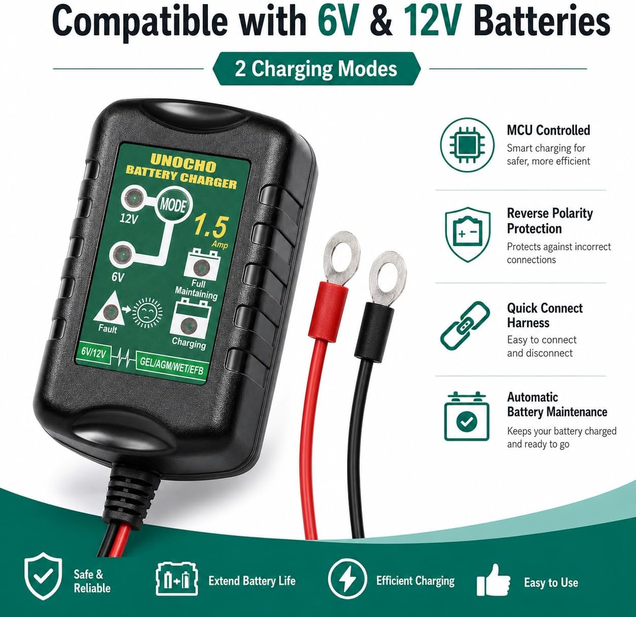 Unocho 6V/12V Battery Charger Maintainer 1.5A Automatic Trickle Charger Smart Float Charger for Car Motorcycle Lawn Mower Boat ATV Snowmobile Lead-Acid AGM GEL SLA VRLA WET Batteries