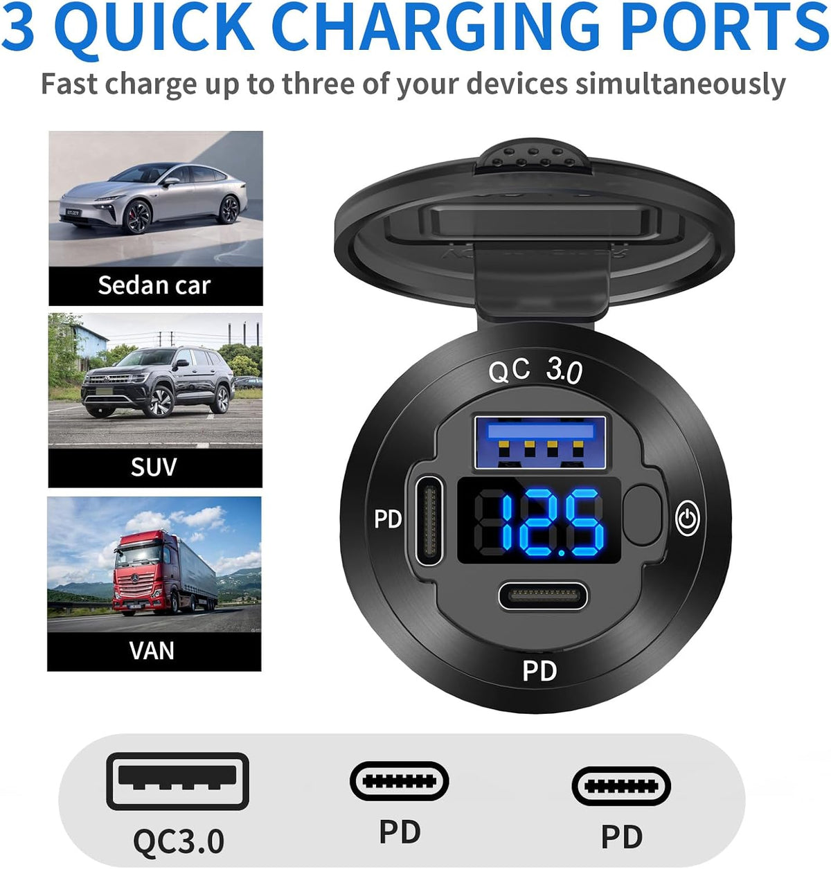 12V USB Outlet 3 Port Car Charger Socket, 78W Dual PD USB C 30W and Quick Charge3.0 Port Aluminum Charger Waterproof with Voltmeter and Button Switch for Boat Marine Motorcycle RV Truck Golf Cart, etc