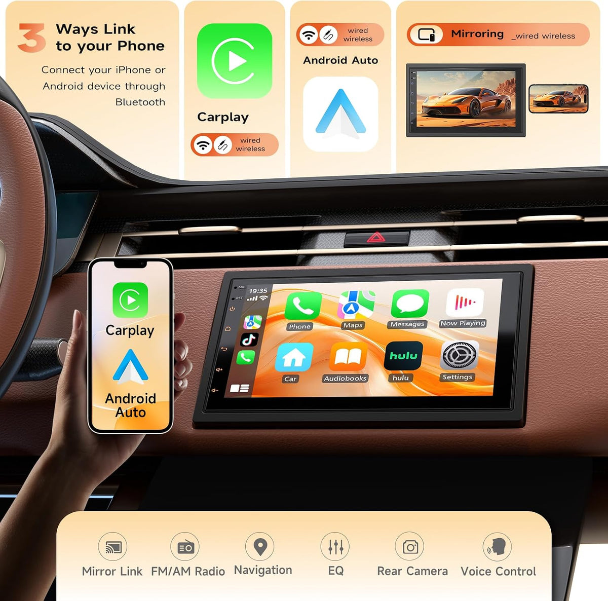 Haudio Double Din Car Stereo - Wireless CarPlay & Android Auto, 7" HD Touchscreen Car Radio with Bluetooth,Voice Control, Backup Camera, Subwoofers, SWC, GPS Navigation (2+64GB)