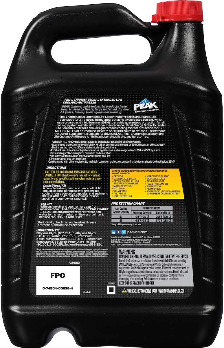 PEAK FINAL CHARGE Global Extended Life Concentrate Antifreeze/Coolant for All Heavy Duty Engine Cooling Systems, 1 Gal.