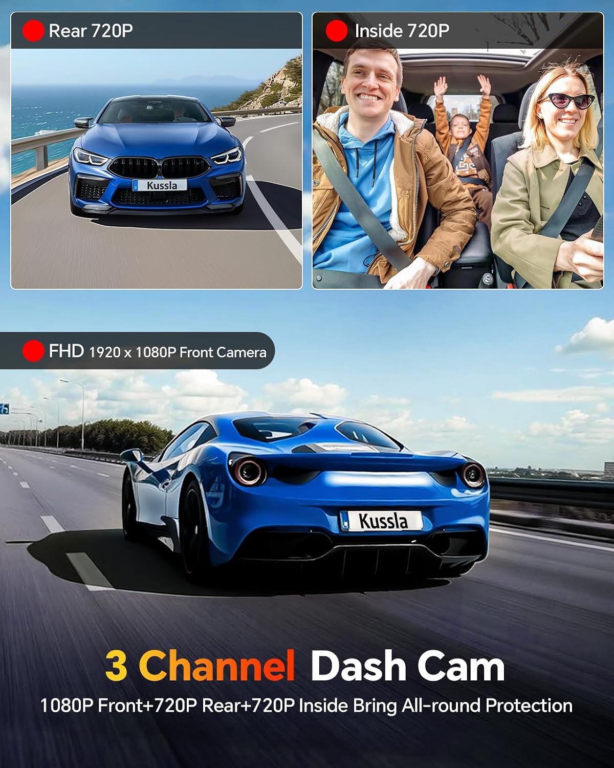 3 Channel Dash Cam Front Rear Inside, 1080P Car Camera with 64GB Card