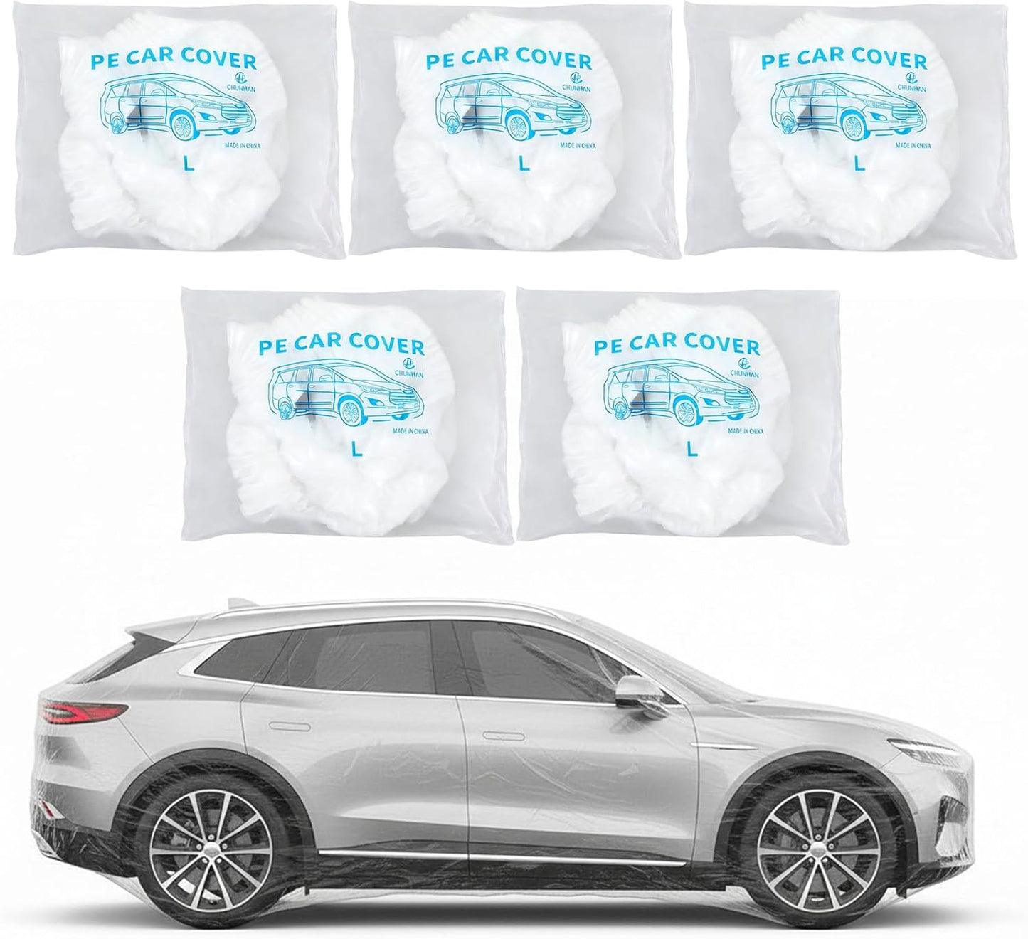 Sibba 5 Pack Disposable Car Covers, Plastic Car Cover Universal Waterproof Clear Cars Covers Vehicle Cars Cover with Elastic Bands for Sedan Outdoor Snow Rain Weather (12.4 ft x 21.6 ft)