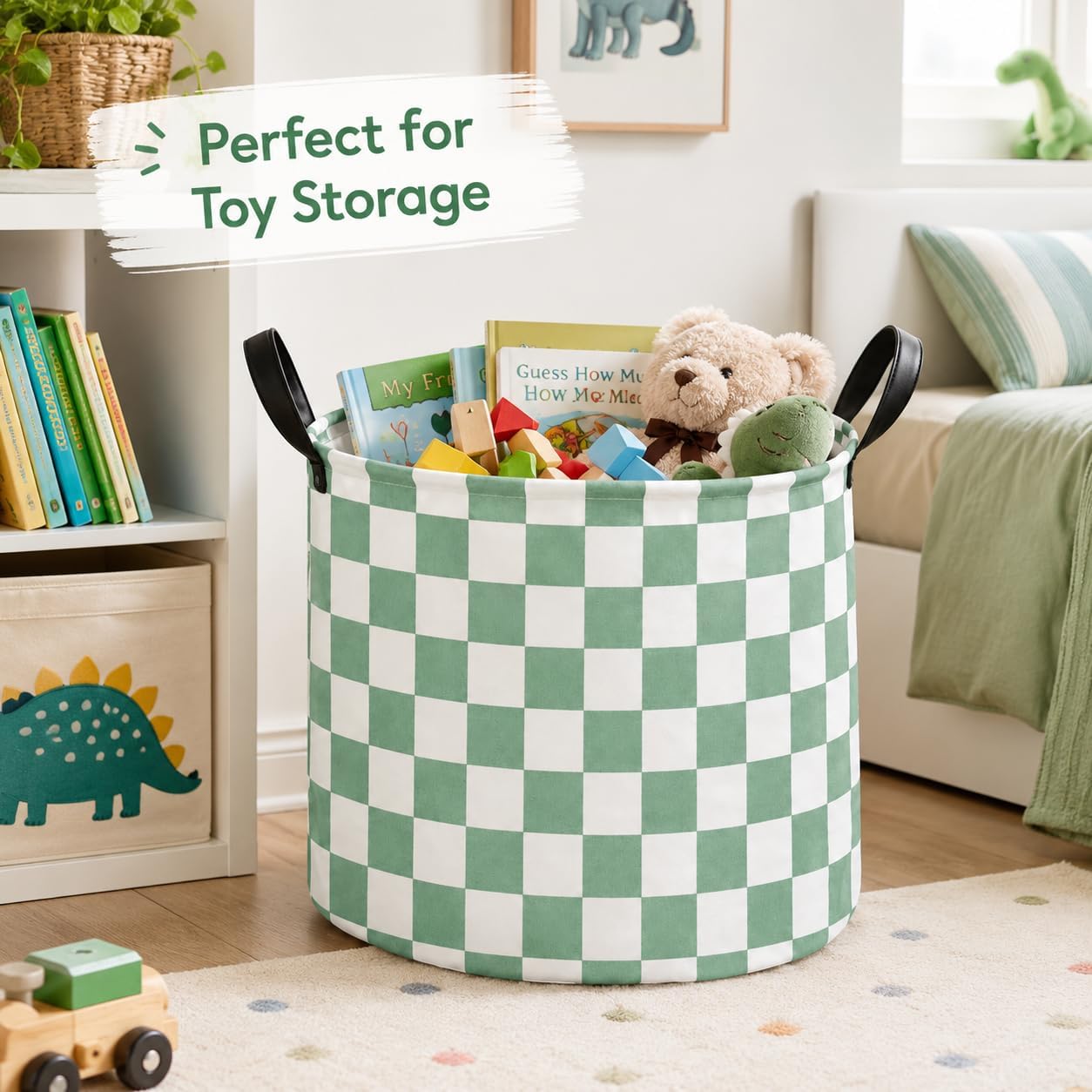 MAIZMZ 3 Pack Sage Checkered Storage Baskets Kids Hamper, 15.7"D x13.3"H, Waterproof Lining, Leather Handles, Collapsible for Laundry, Toys, Clothes, Gift Set