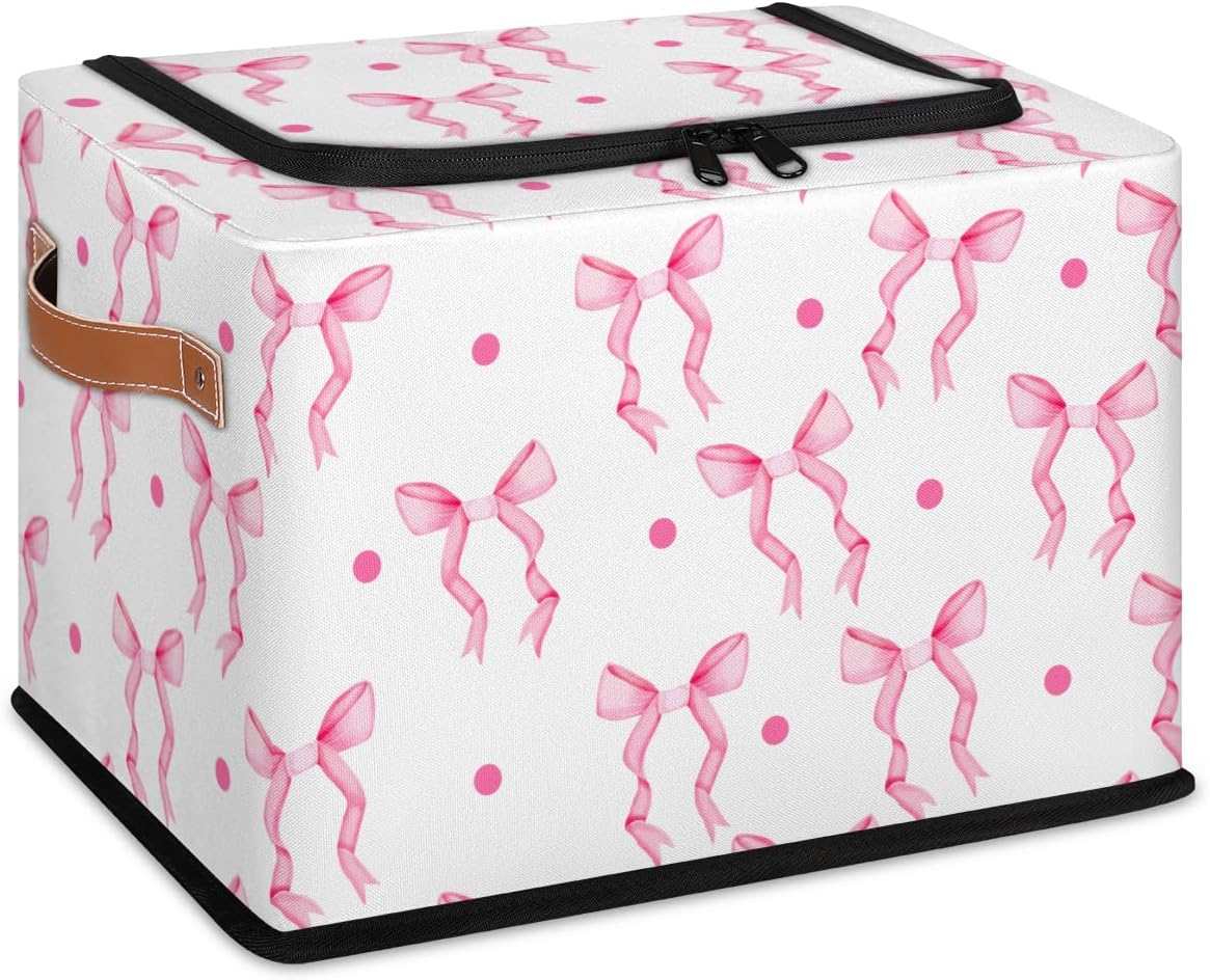 Storage Bins With Zipper Lid, Collapsible Trunk Organizer, Car Organizers and Storage Bins with Lids, Decorative Storage Boxes with Handle, Home Storage Baskets for Organizing (Pink Bow Ribbon)