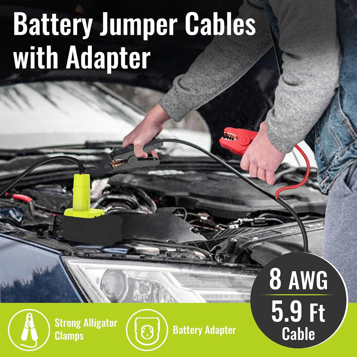 Kzreect 8AWG 5.9FT Jumper Cables Adapter Compatible with Ryobi 18V Battery | Jump Starter for Car, Copper Clamps with Nylon Shells, ABS Plastic Adapter, A Flannel Storage Bag for Easy Carrying