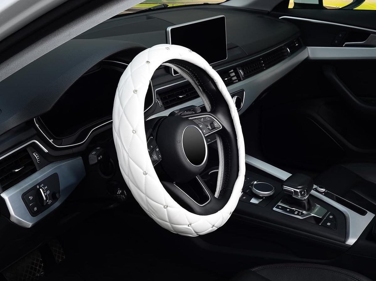KAFEEK Diamond Leather Steering Wheel Cover, 15 Inch, Pure White