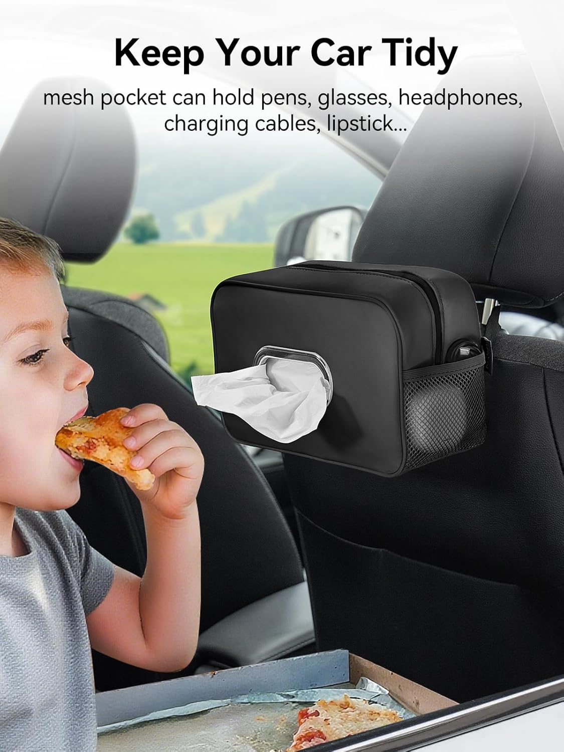 Multi-Functional Car Tissue Holder with ‌2 Storage Nets, Upgraded PU Leather Tissue Box Cover, Large Rectangle Napkin Organizer Fit for 100-160 Regular Size Tissues, Keep Car Tidy, Black