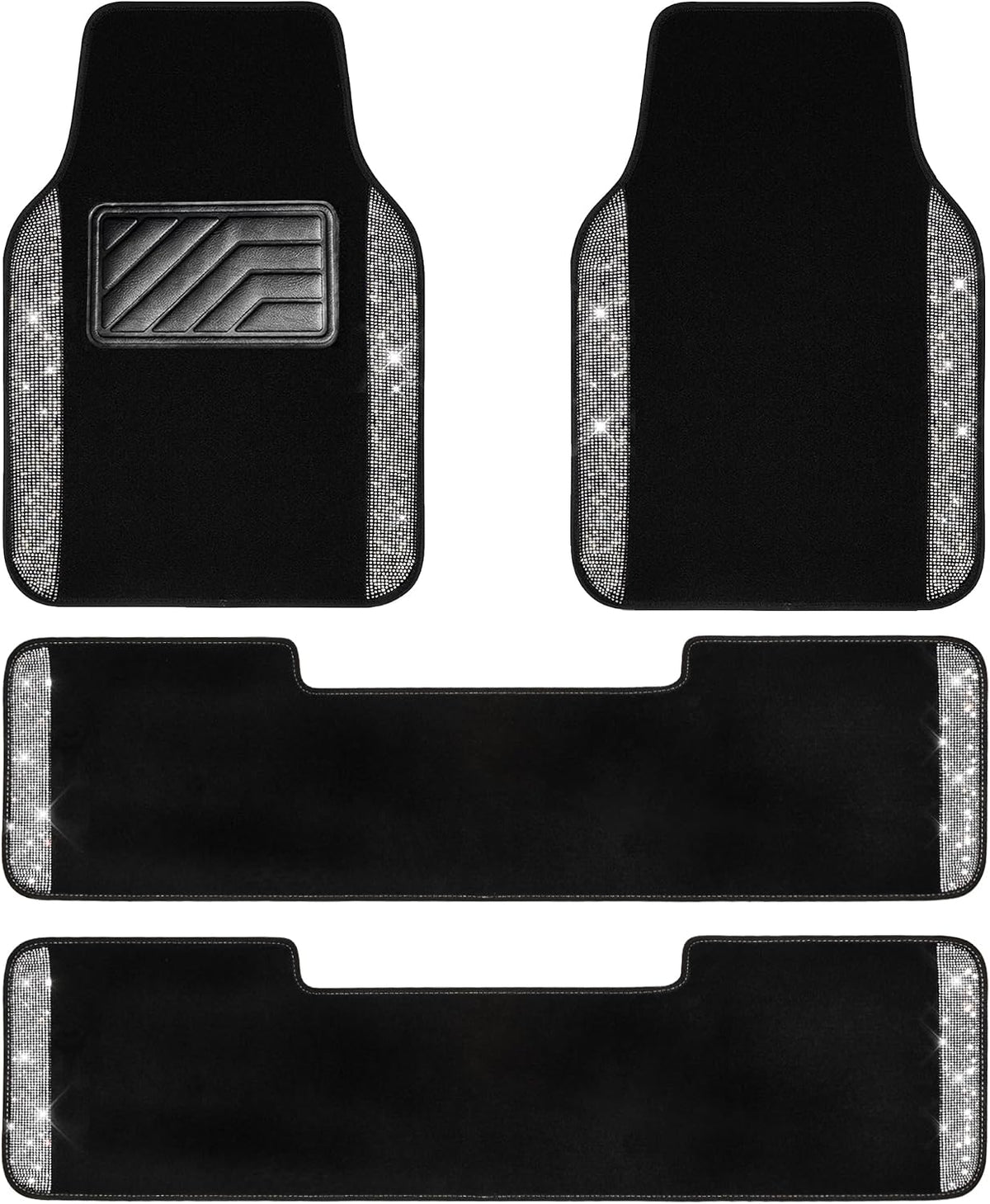 CAR PASS 3 Row Bling Diamond Car Mats Shining Carpet Rhinestones Sparkly Glitter Floor Mats Anti-Slip PVC Heel Pad Universal for Automotive SUV,Sedan,Van, 3rd Row 2 Rear for Girl Women, Black Silver