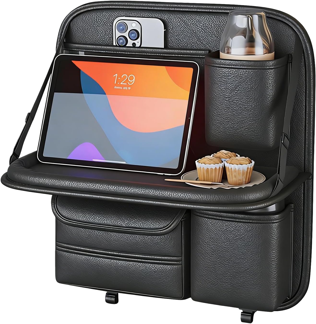 Car Backseat Organizer with Foldable Table Tray,Hanging Storage Bag with Touch Screen Phone Holder,Premium PU Leather Material,Compatible with Most Vehicles,Inner Car Accessories