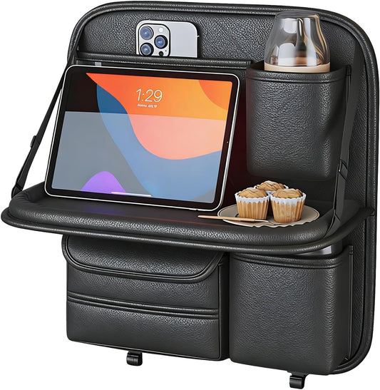 Car Backseat Organizer with Foldable Table Tray,Hanging Storage Bag with Touch Screen Phone Holder,Premium PU Leather Material,Compatible with Most Vehicles,Inner Car Accessories