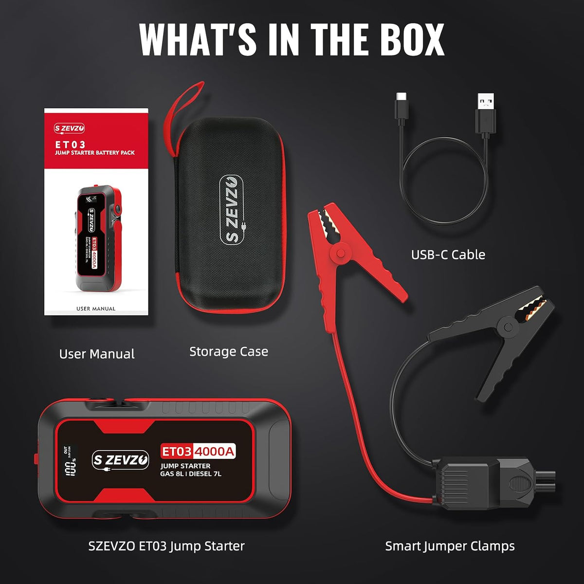 S ZEVZO ET03 Car Jump Starter 4000A Jump Starter Battery Pack for Up to 8.0L Gas and 7.0L Diesel Engines, 74Wh Portable 12V Jump Box with USB Ports, LCD Display, Storage Case, and LED Light