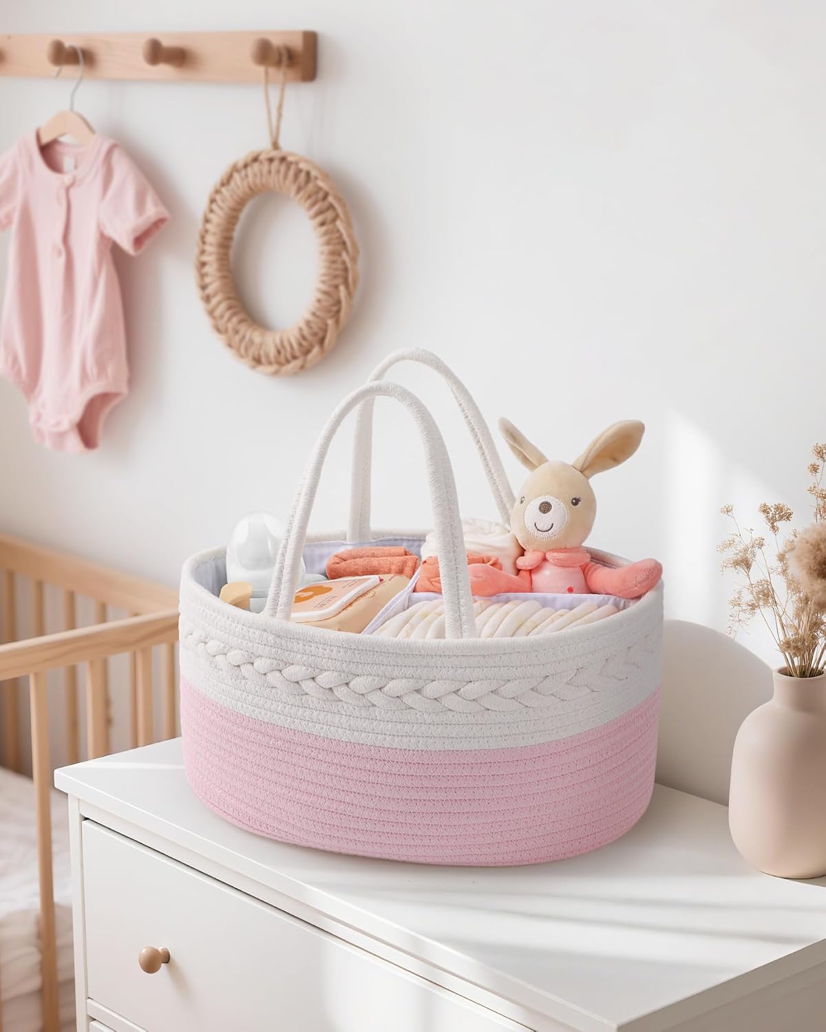 Maliton Diaper Caddy for Baby Girl-Cotton Rope Diaper Caddy, Diaper Organizer for Changing Table, Portable Baby Basket for Storage Baby Stuff, Newborn boy girl baby essentials Registry Items