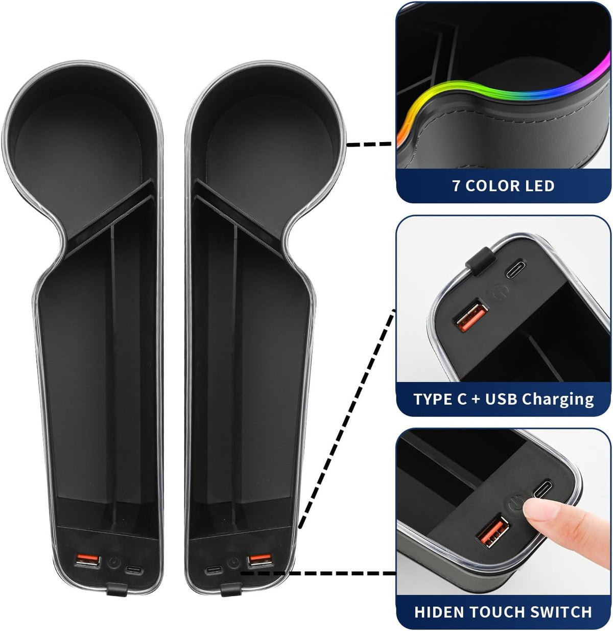 7 Color Led Car Seat Gap Organizer with 56W Cigarette Lighter Adapter,Grey