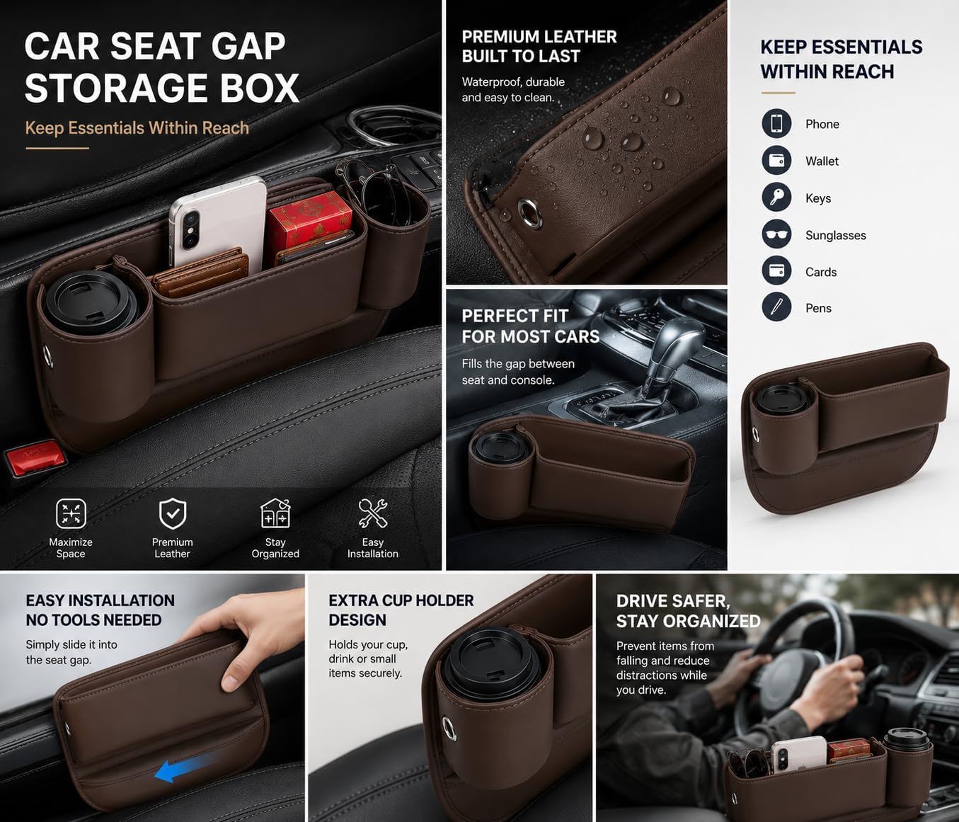 Car Seat Gap Filler Organizer with Cup Holder, Premium Leather Seat Gap Filler, Anti-Drop Car Seat Gap Organizer for Phone, Keys & Wallet, Universal Front Seat Console Organizer for Car, SUV & Truck
