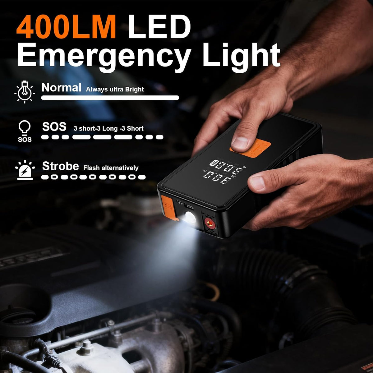 Preciva 8000mAh Jump Starter - 8000A Peak Car Battery Charger with Smart Air Compressor (150PSI), Tire Repair Kit, Power Bank, Digital Gauge & LED Emergency Light for Car, Truck, Motorcycle